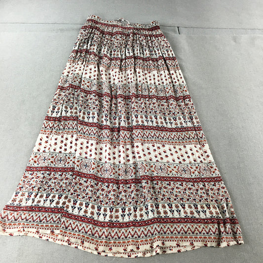 Boohoo Womens Maxi Skirt Size 8 White Red Boho Floral Striped Elastic Waist