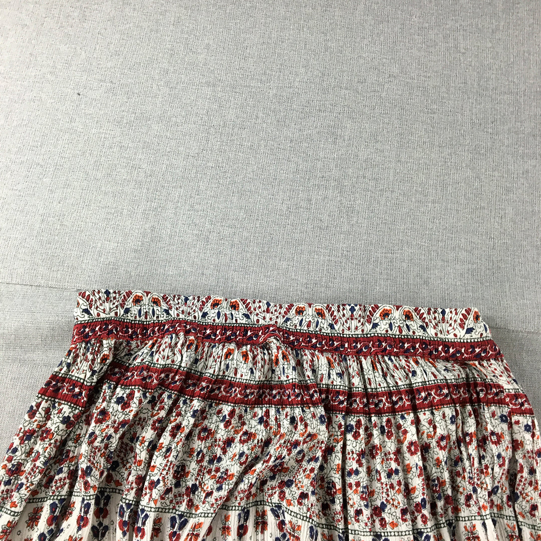 Boohoo Womens Maxi Skirt Size 8 White Red Boho Floral Striped Elastic Waist