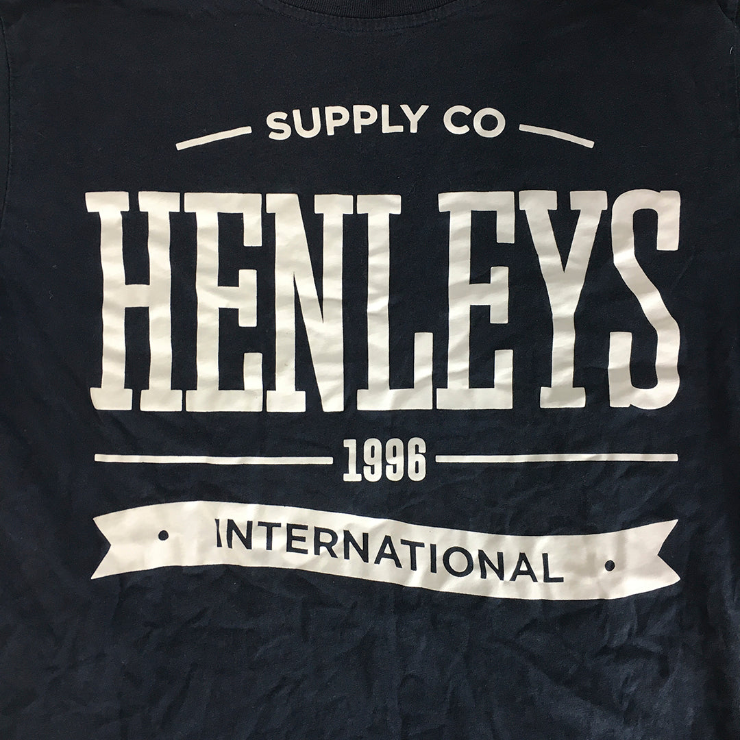 Henleys Mens T-Shirt Size M Blue Big Logo Crew Neck Short Sleeve Tee