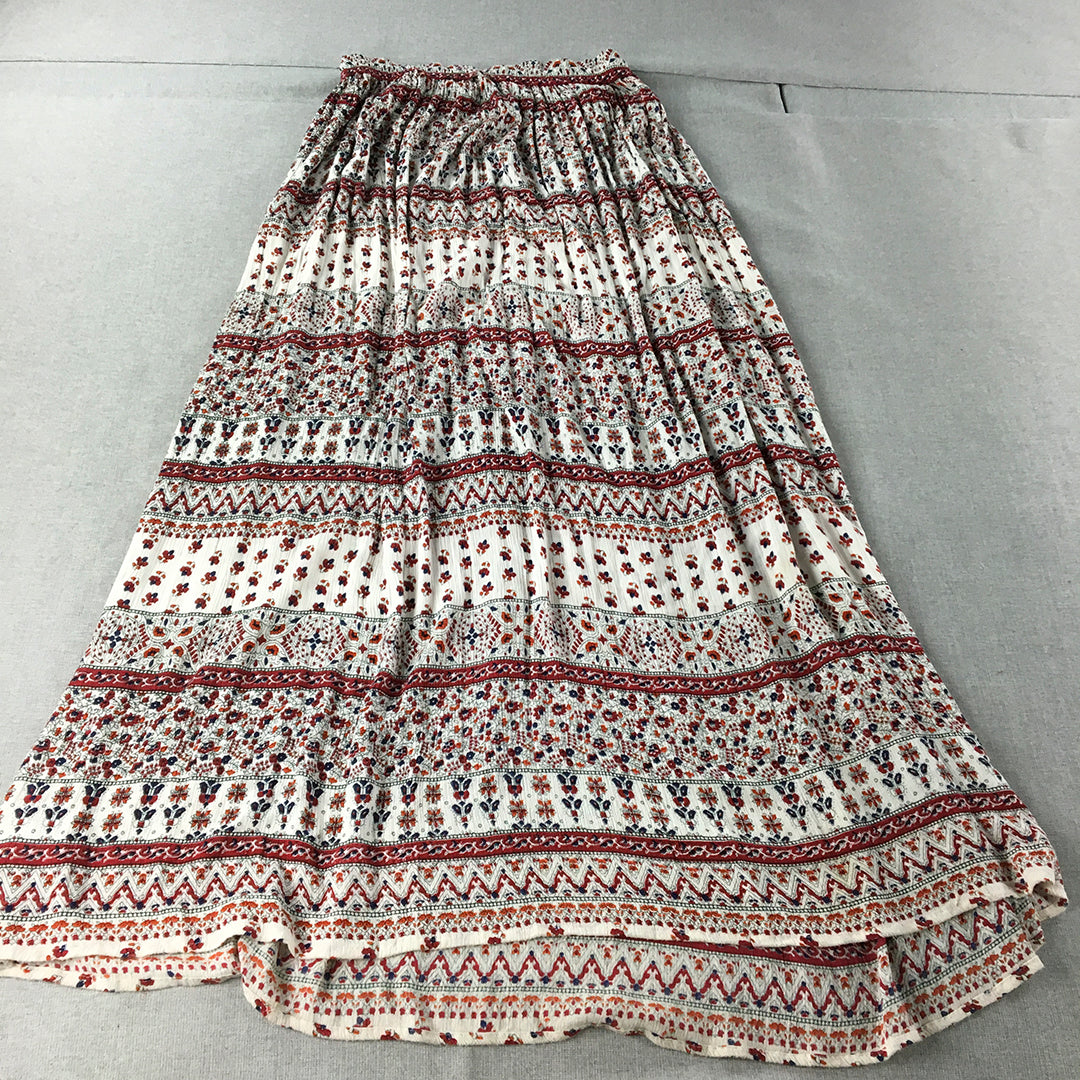 Boohoo Womens Maxi Skirt Size 8 White Red Boho Floral Striped Elastic Waist