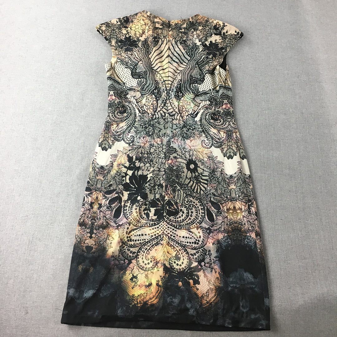 Sh & Cindy Womens 100% Silk Mini Dress Size S Black Brown Floral Short Sleeve