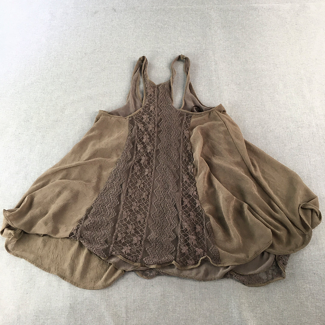 Lily Whyt Womens Mini Dress Size 10 Brown Sleeveless Floral Lace