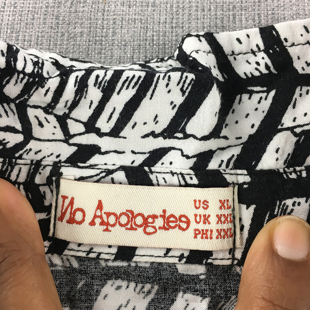 No Apologies Womens Shirt Size XL White Black Floral Striped Button-Up Collared