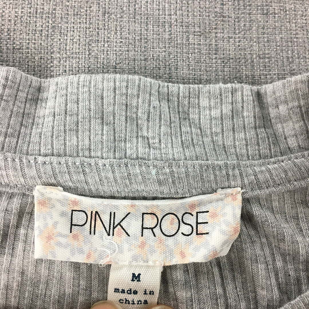 Pink Rose Womens Knit T-Shirt Size M Grey Short Sleeve Round Neck Stretch Top