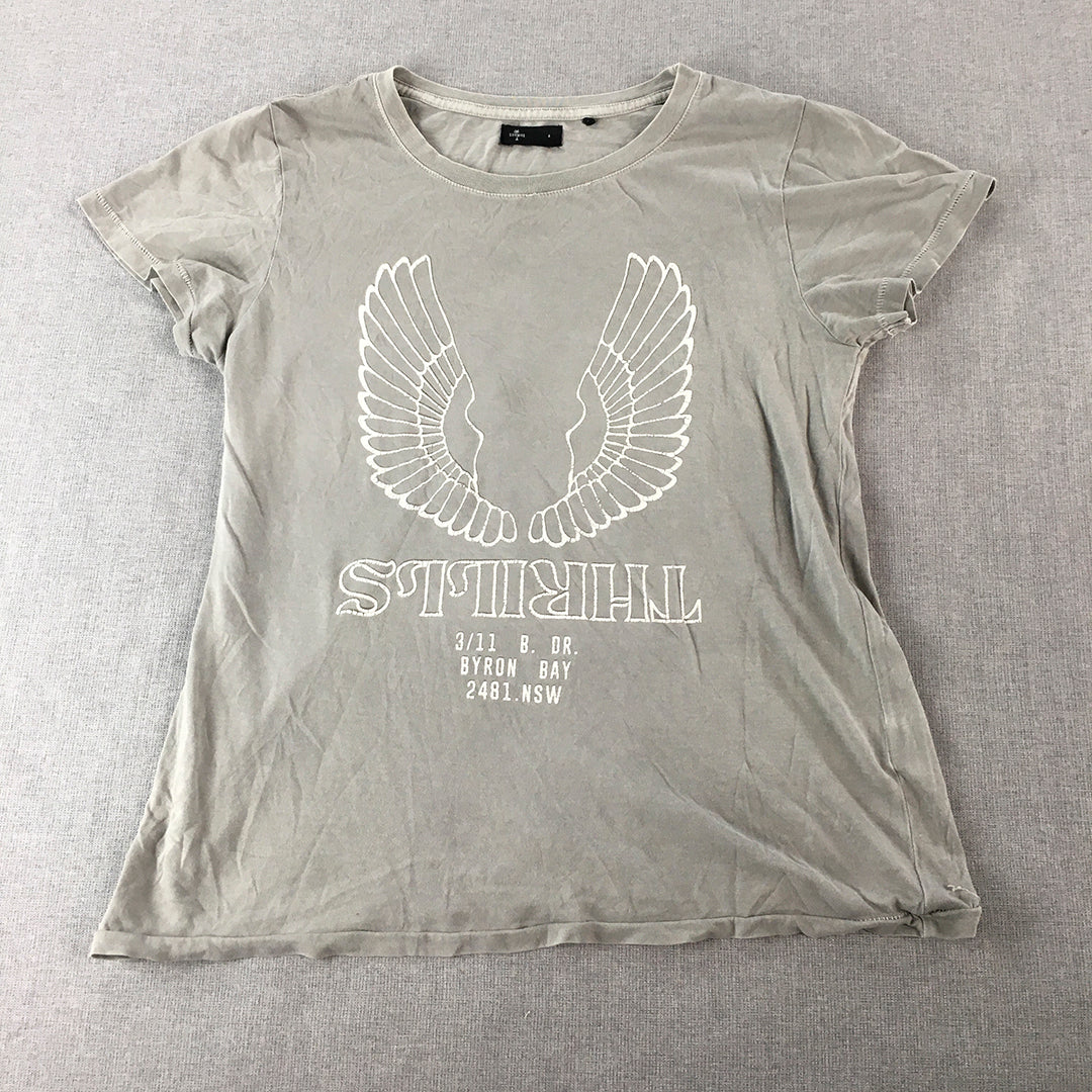 Thrills Womens T-Shirt Size 6 Grey Wings Logo Short Sleeve Top