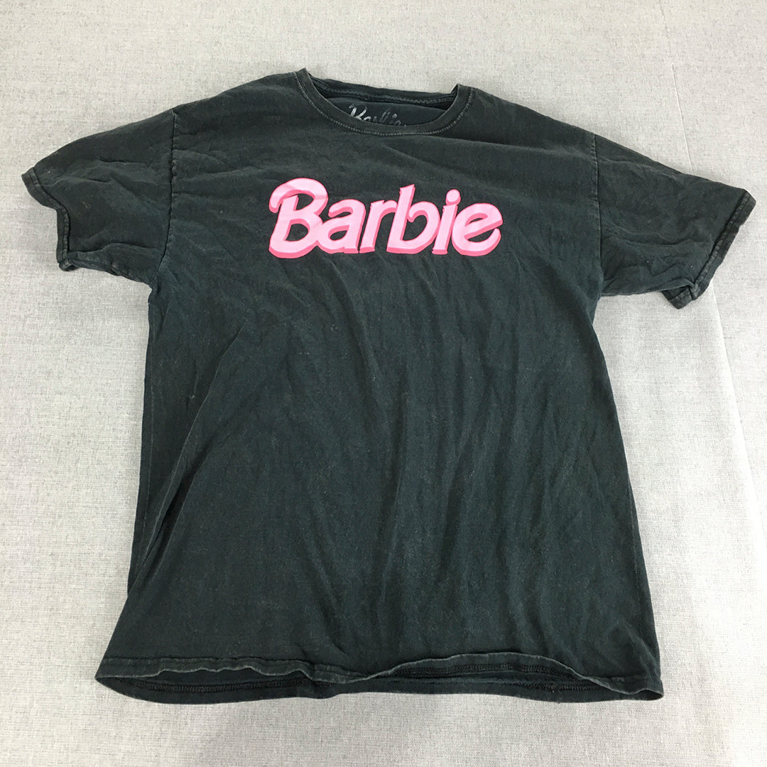 Barbie Womens T-Shirt Size L Black Pink Logo Crew Neck Stone Wash Top