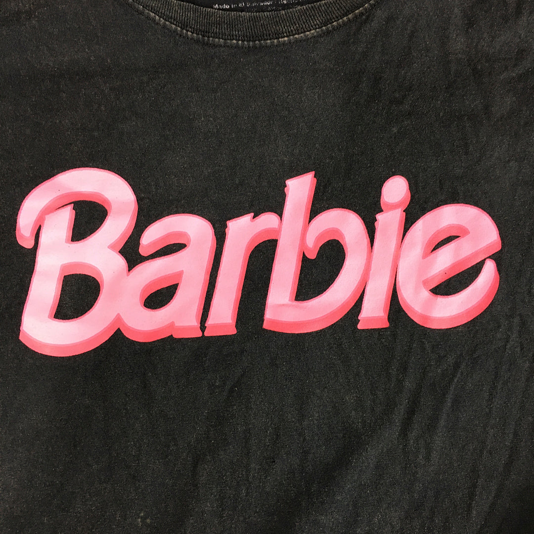 Barbie Womens T-Shirt Size L Black Pink Logo Crew Neck Stone Wash Top