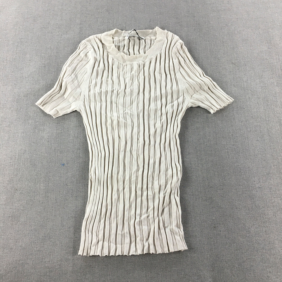 Zara Womens Knit Top Size S White Stretch Fabric Short Sleeve Shirt