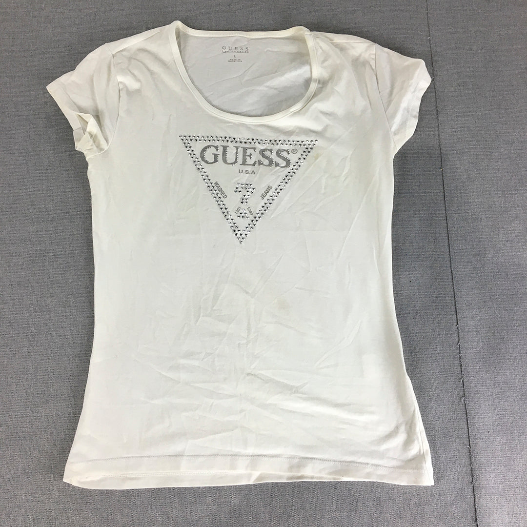 Guess Womens T-Shirt Size L White Diamante Logo Short Sleeve Top Stretch