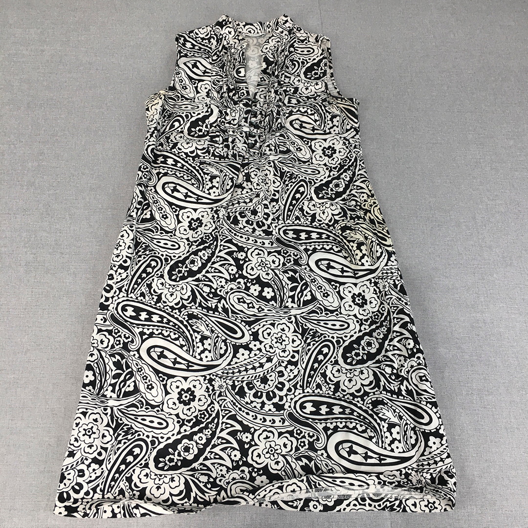 Chomel Womens A-Line Dress Size 6 White Black Paisley Sleeveless Midi