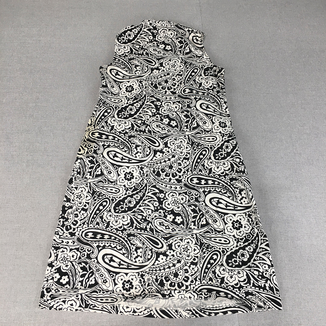 Chomel Womens A-Line Dress Size 6 White Black Paisley Sleeveless Midi