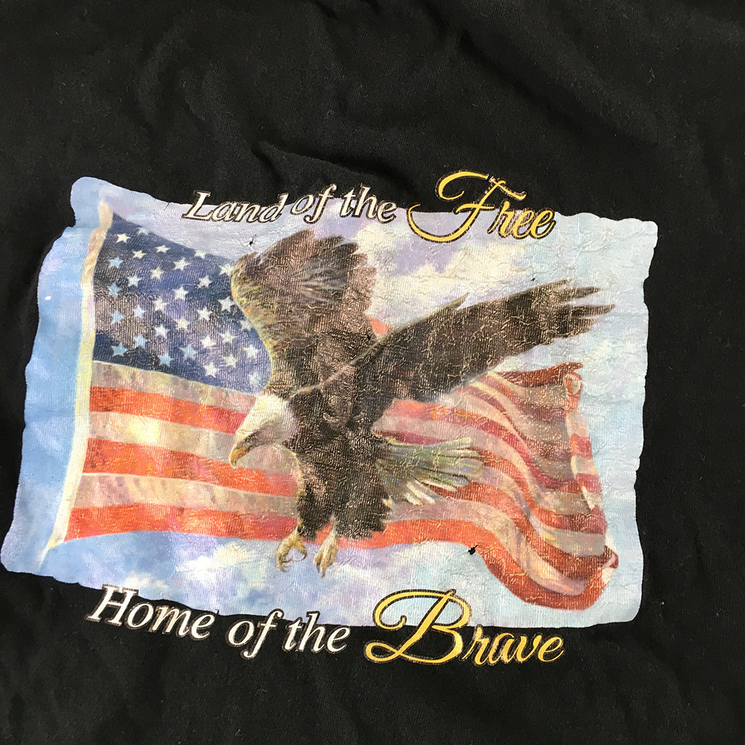 Vintage USA Womens T-Shirt Size L Black Home Of The Brave Flag Eagle