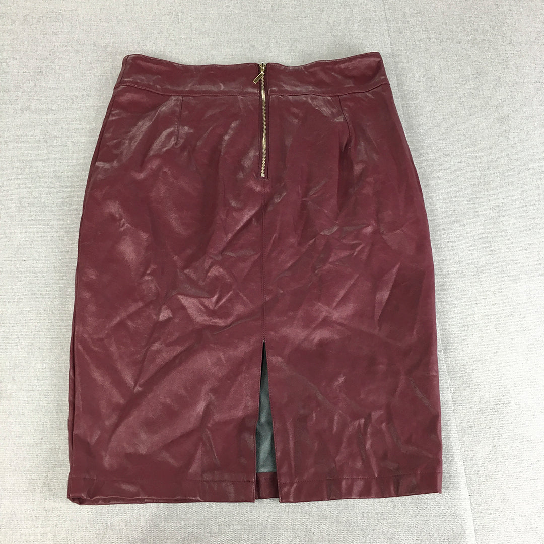 Forver New Womens Faux Leather Pencil Skirt Size 12 Red Midi