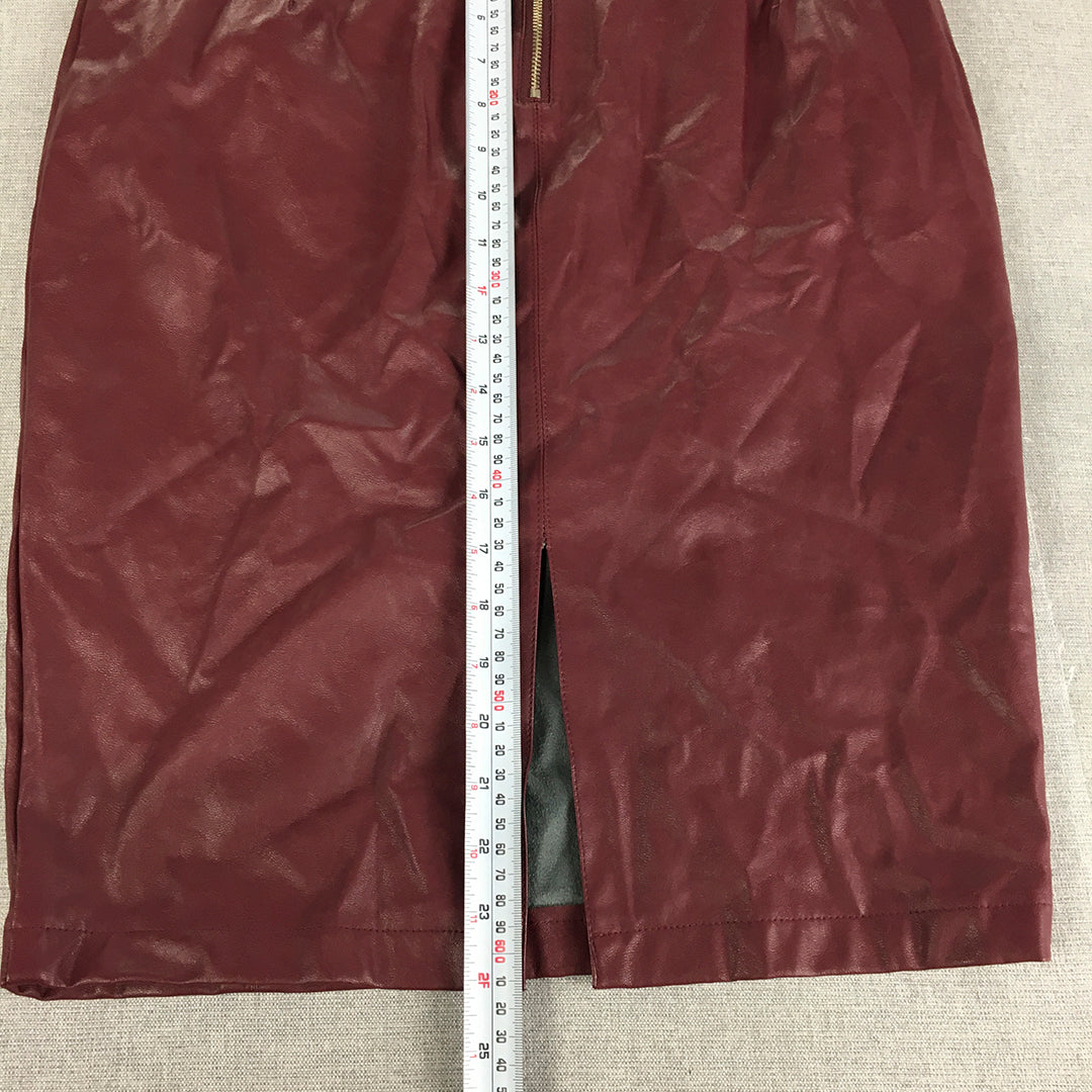 Forver New Womens Faux Leather Pencil Skirt Size 12 Red Midi