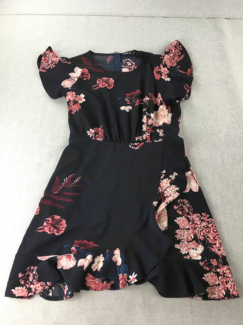 Boohoo Womens Dress Size 14 Navy Blue Pink Floral Fit & Flare Mini