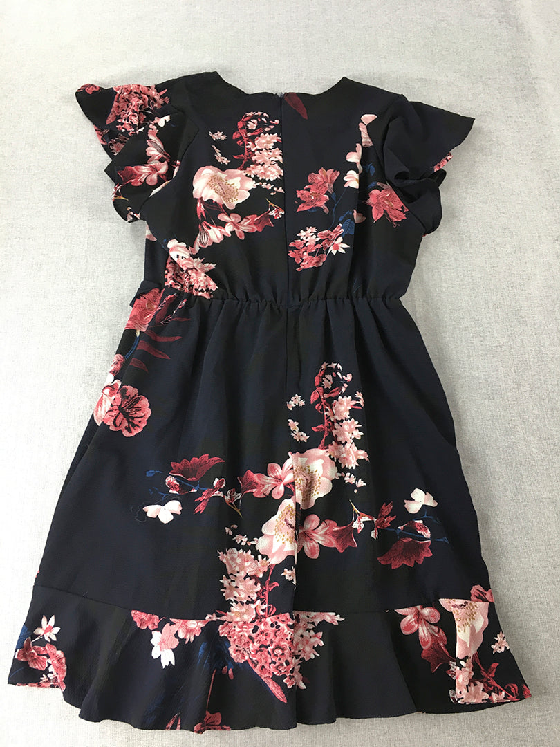 Boohoo Womens Dress Size 14 Navy Blue Pink Floral Fit & Flare Mini