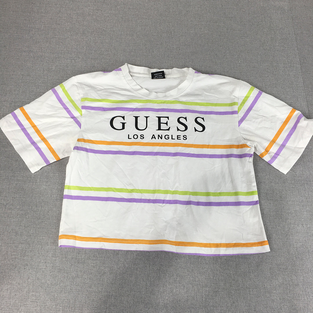 Guess Womens T-Shirt Size S White Purple Striped Logo Crew Neck Cropped Top