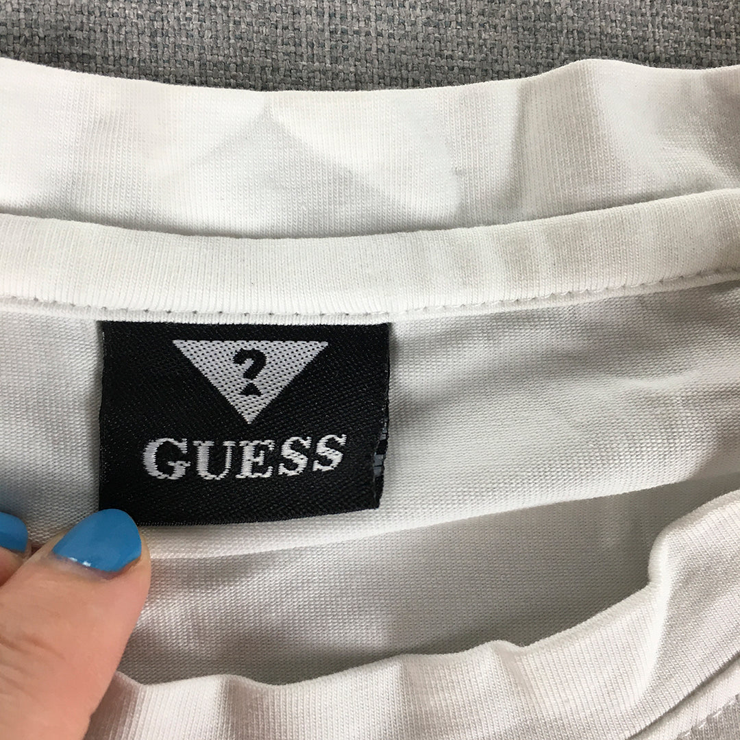 Guess Womens T-Shirt Size S White Purple Striped Logo Crew Neck Cropped Top