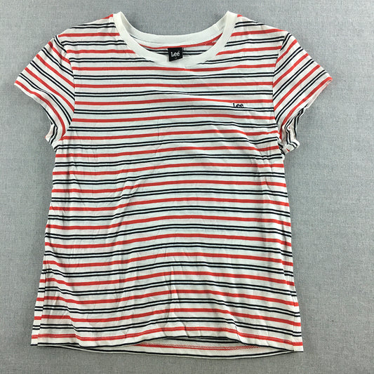 Lee Womens T-Shirt Size 10 White Red Striped Crew Neck Logo Top