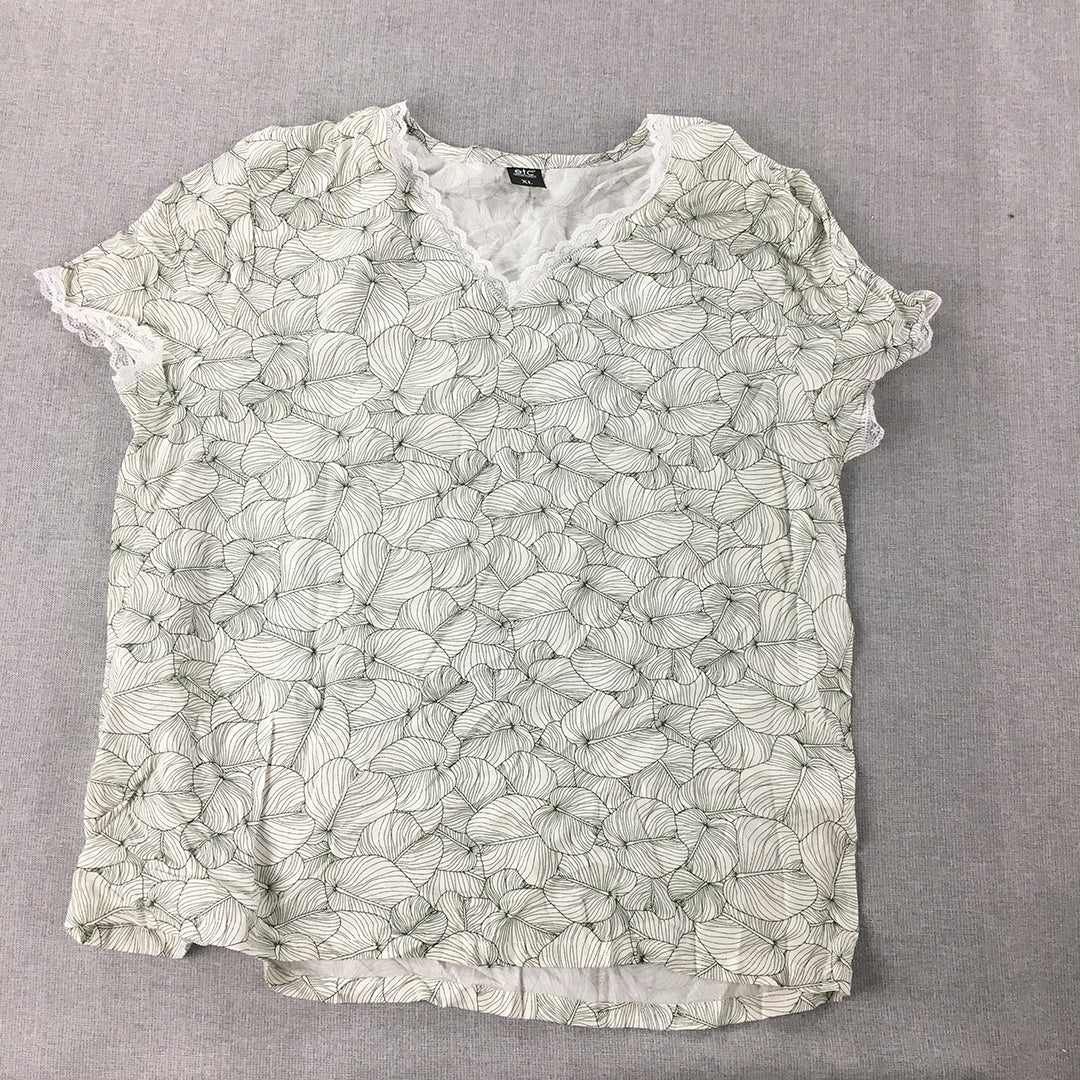 Essentials Trading Co. Womens T-Shirt Size XL White Green Leaf Floral Top Etc