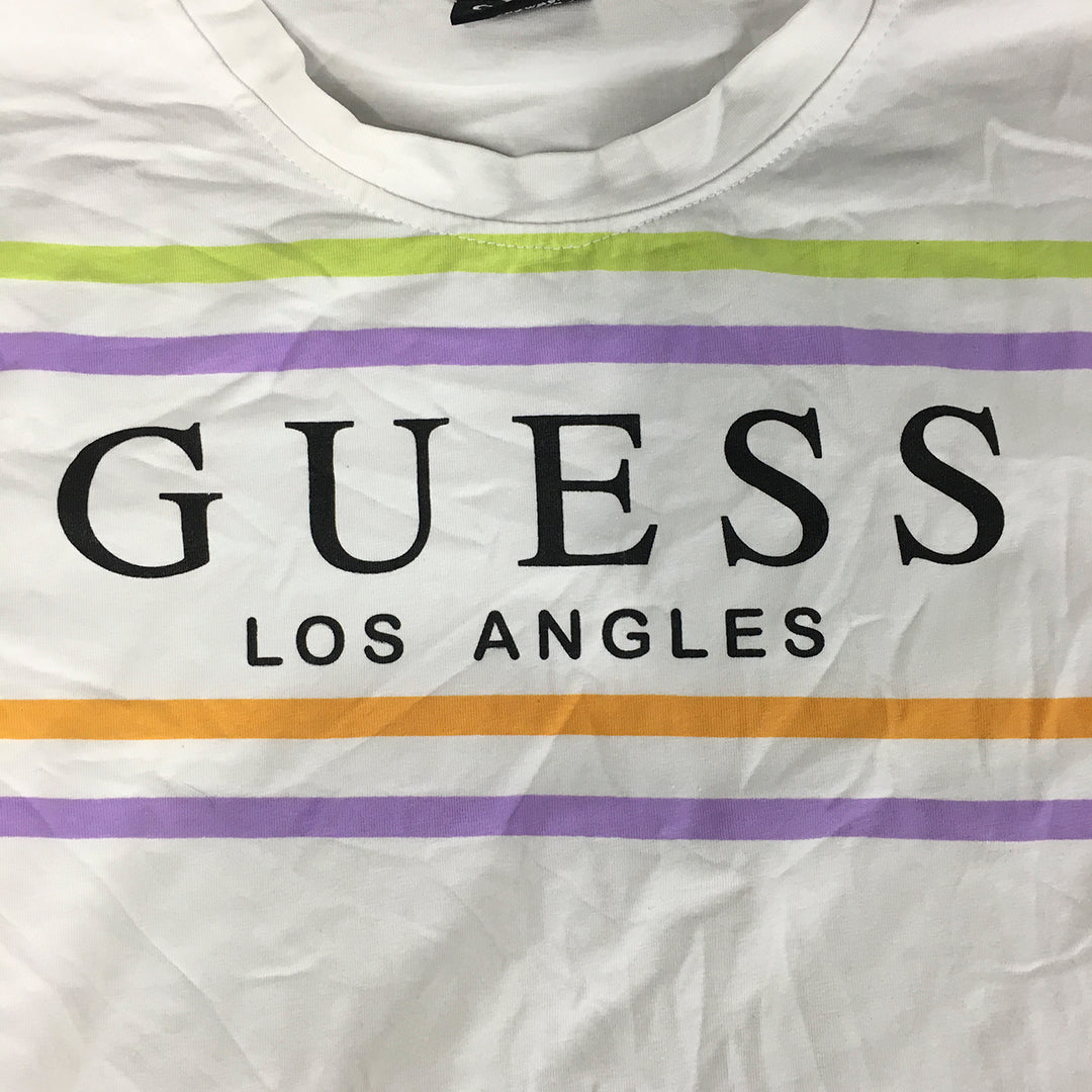 Guess Womens T-Shirt Size S White Purple Striped Logo Crew Neck Cropped Top