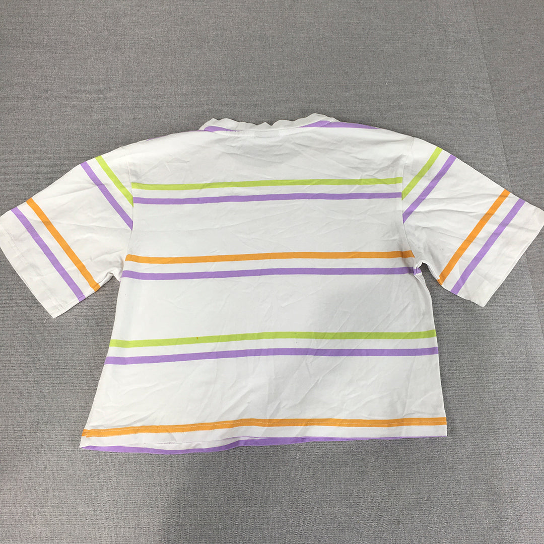 Guess Womens T-Shirt Size S White Purple Striped Logo Crew Neck Cropped Top