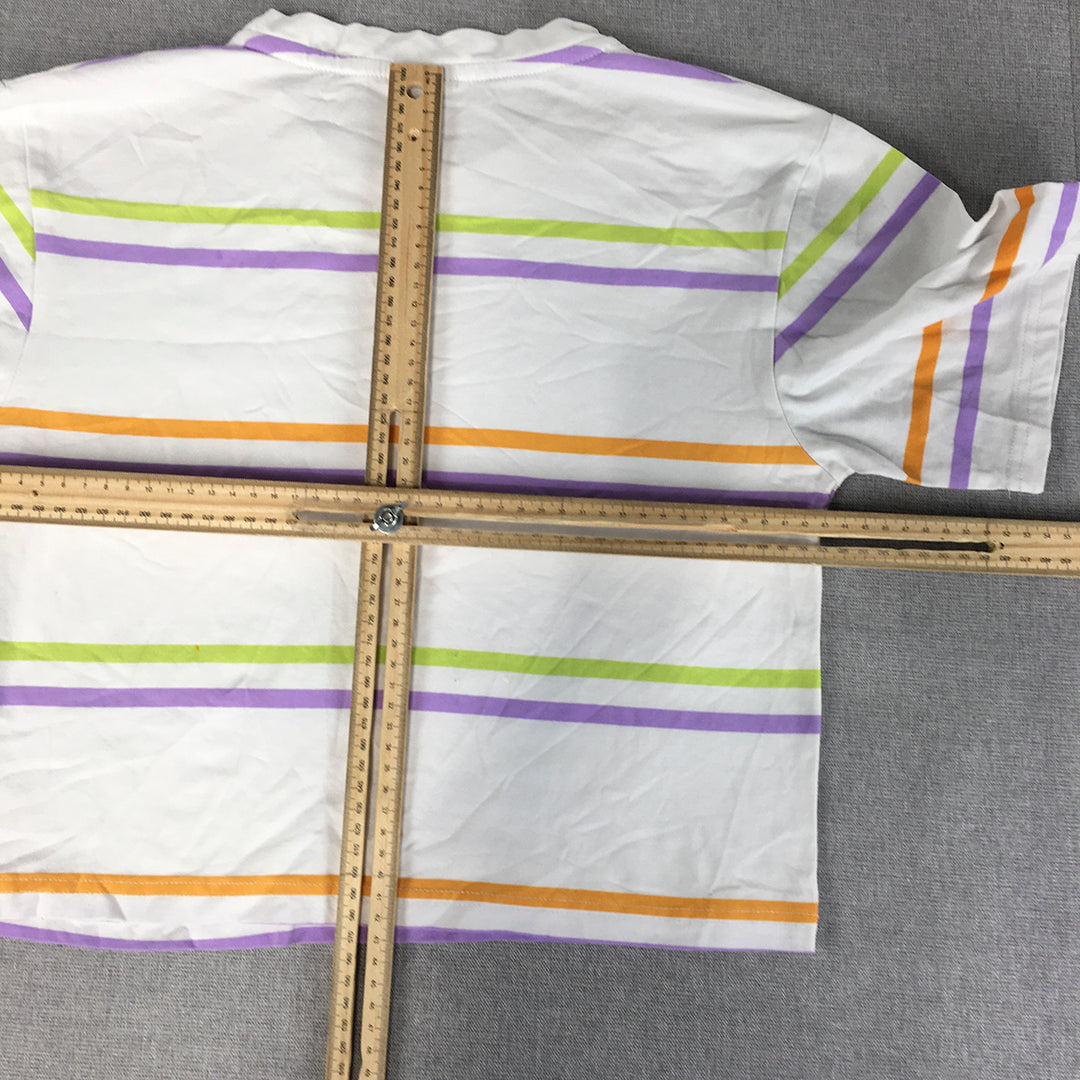 Guess Womens T-Shirt Size S White Purple Striped Logo Crew Neck Cropped Top