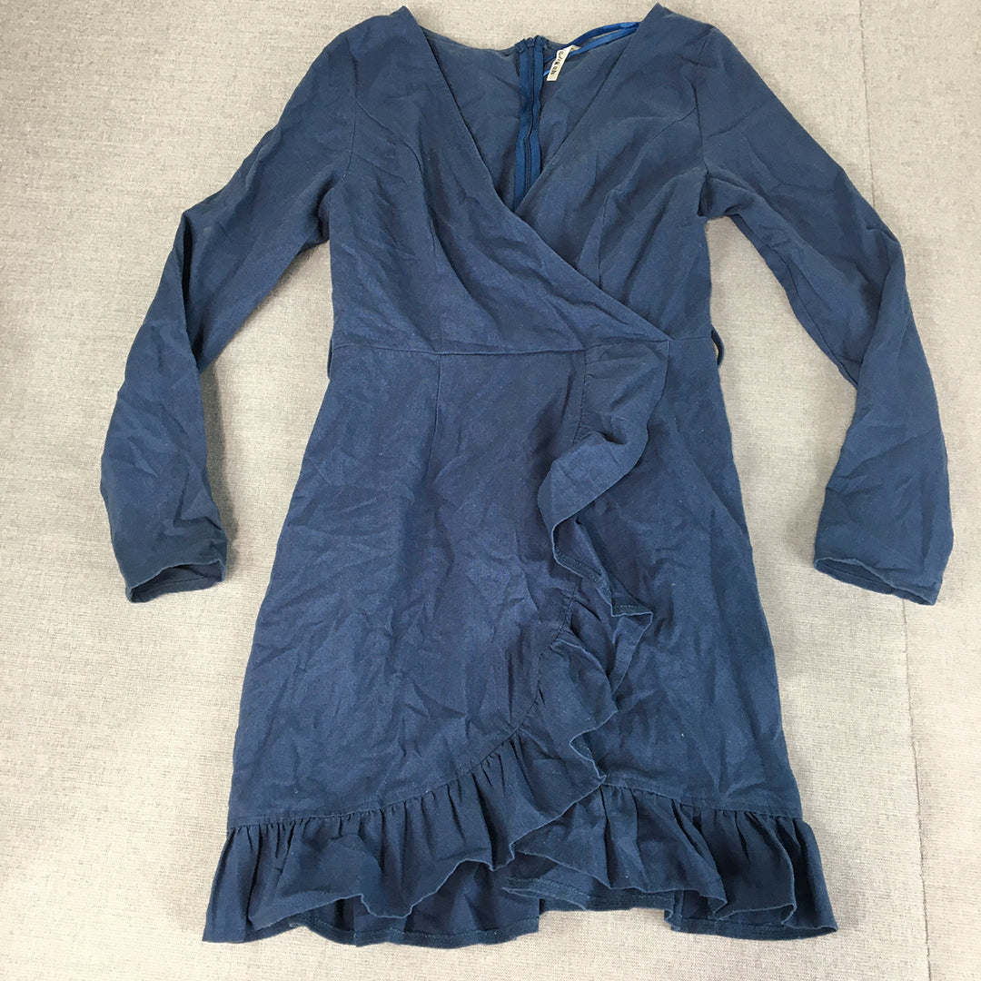 Indikah Womens Mini Dress Size 8 Blue Long Sleeve Pleated Hem V-Neck