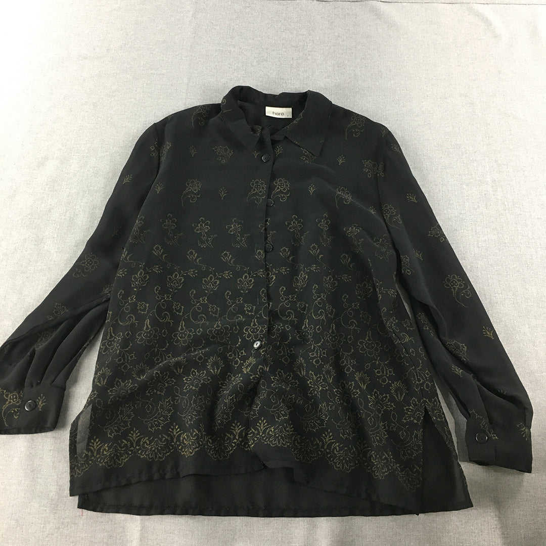 Here Womens Top Size 16 Black Gold Floral Long Sleeve Button-Up Shirt