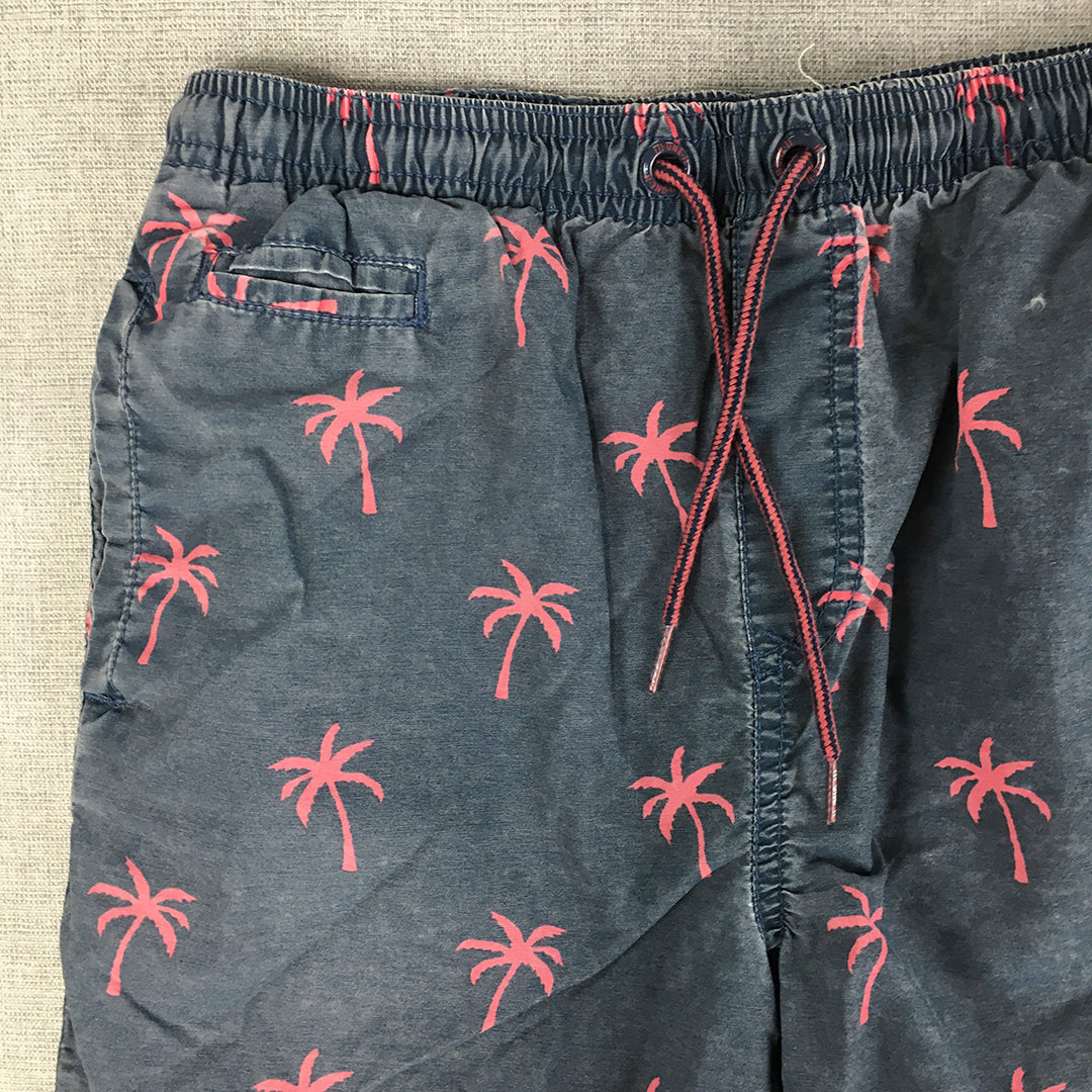 M-One-11 Kids Boys Hawaiian Shorts Size 12 Blue Pink Palm Pockets Drawstring