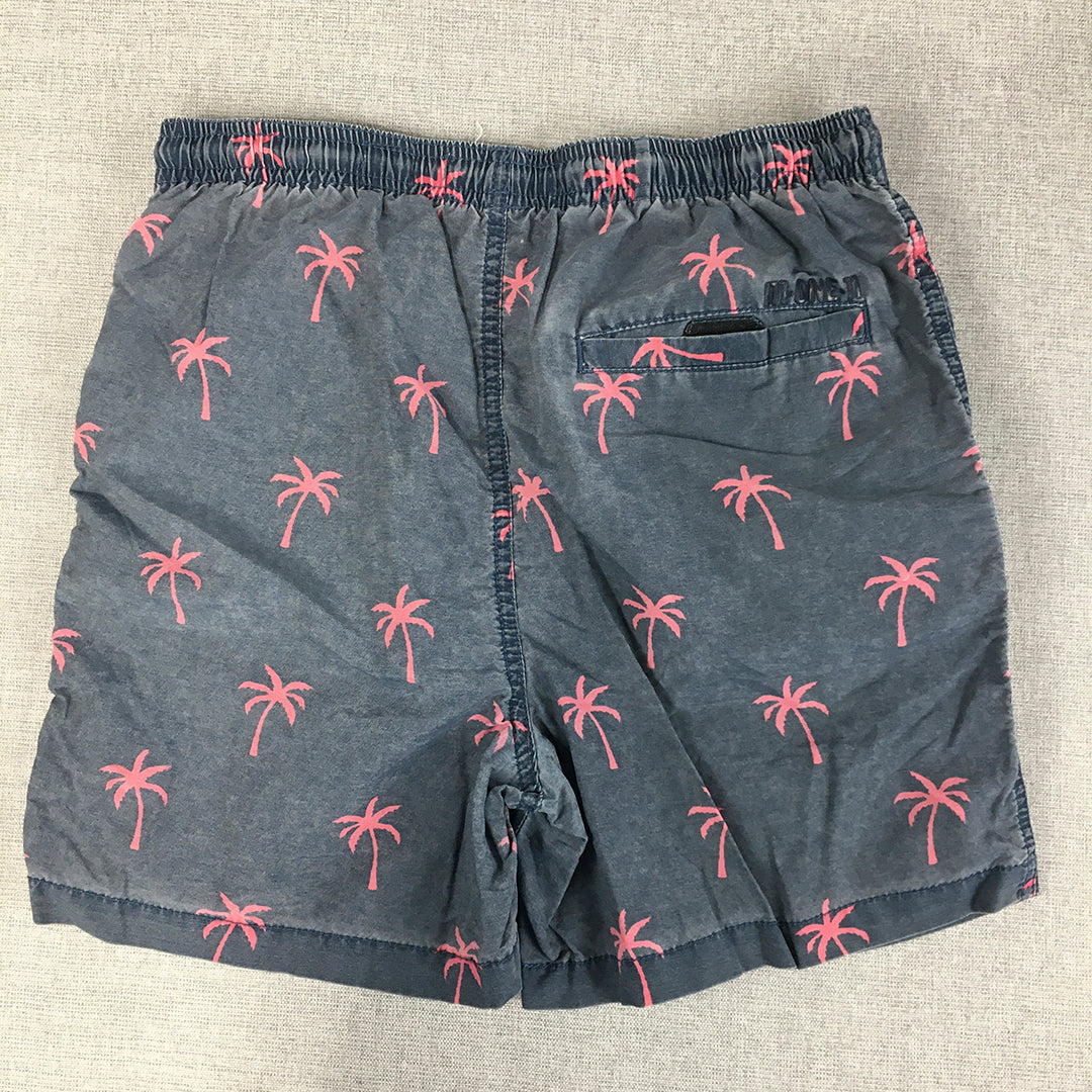 M-One-11 Kids Boys Hawaiian Shorts Size 12 Blue Pink Palm Pockets Drawstring