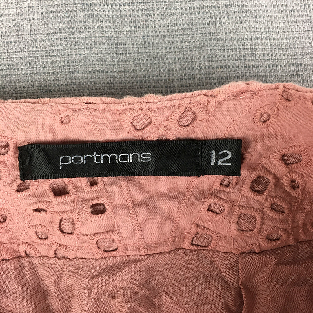 Portmans Womens Mini Skirt Size 12 Pink Embroidered Button Belted