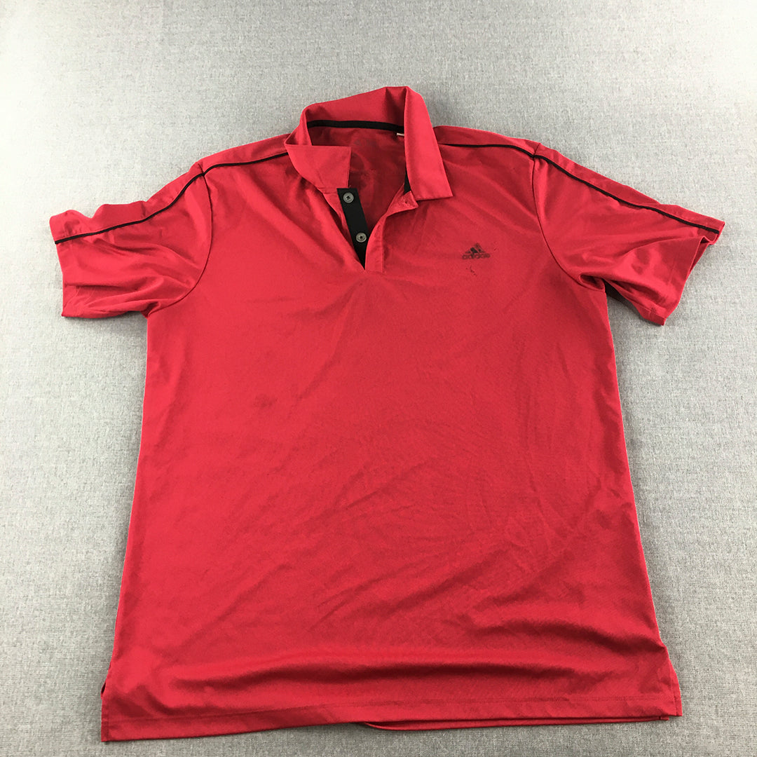 Adidas Mens Golf Shirt Size L Red Logo Collared Short Sleeve Polo Rugby