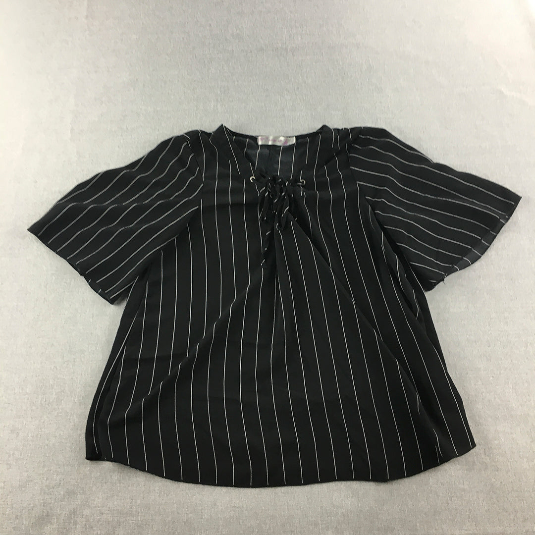 Missy Q Womens Top Size 12 Black Striped Short Sleeve Shirt Blouse