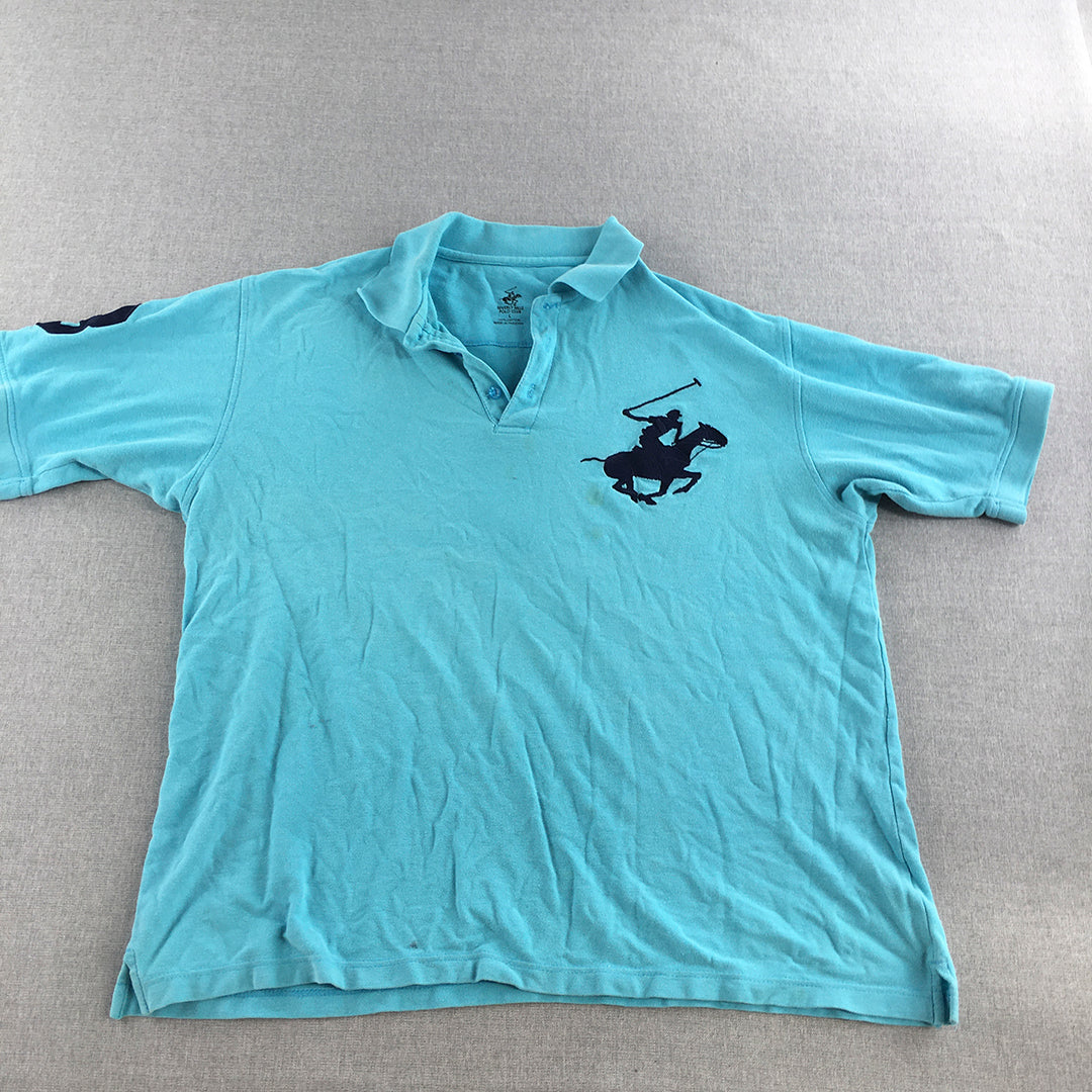 Beverly Hills Polo Club Mens Shirt Size L Blue Big Pony Logo Collared Rugby