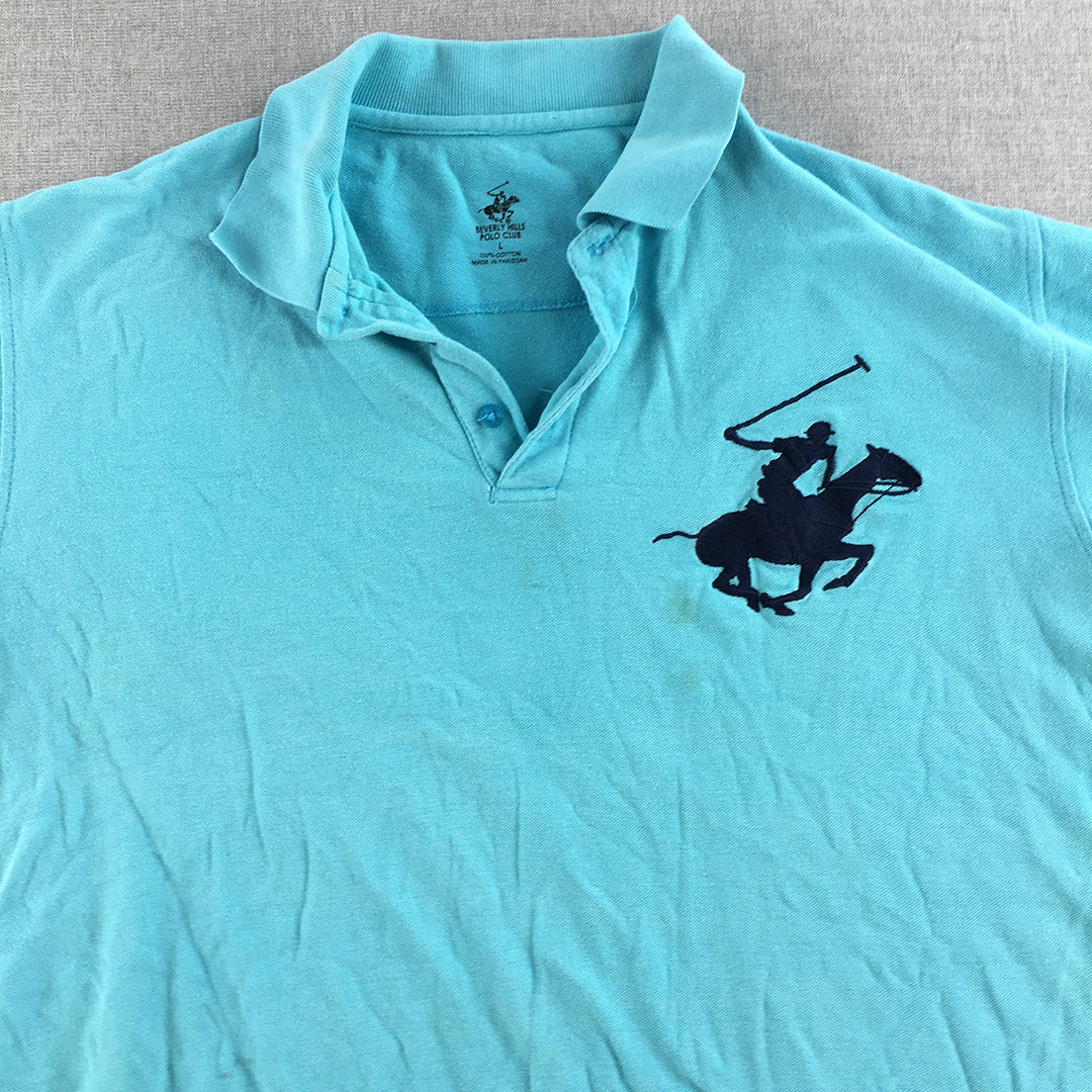 Beverly Hills Polo Club Mens Shirt Size L Blue Big Pony Logo Collared Rugby