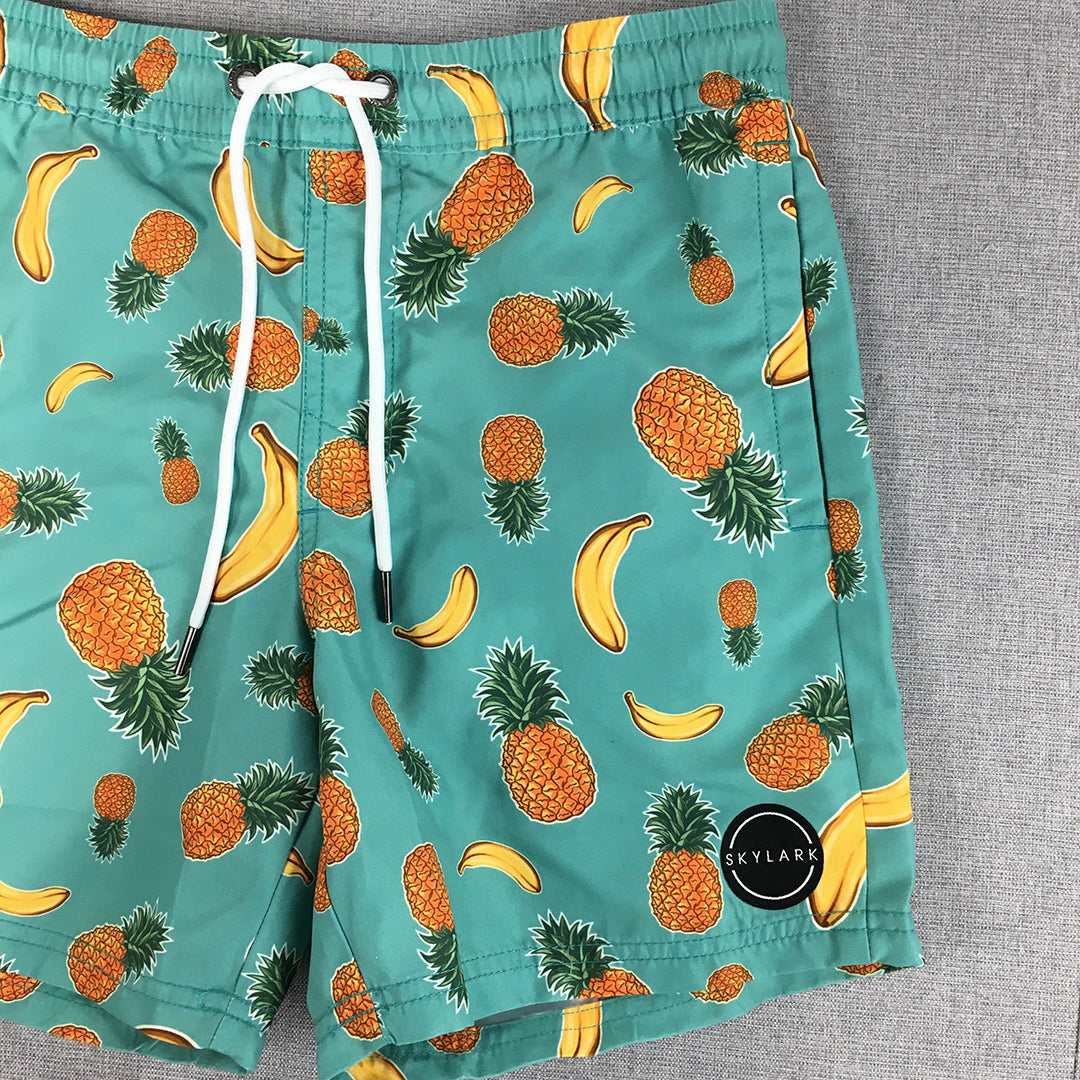 Skylark Kids Boys Shorts Size 12 Green Pineapple Banana Fruit Hawaiian