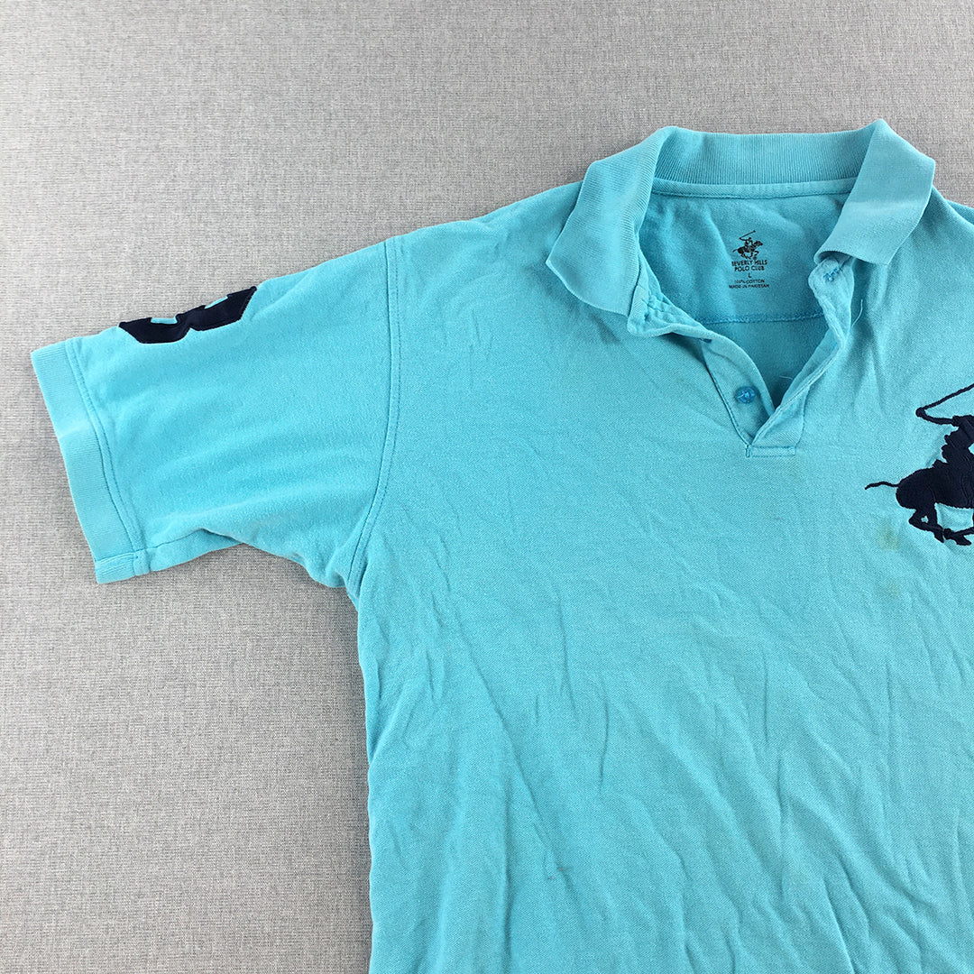 Beverly Hills Polo Club Mens Shirt Size L Blue Big Pony Logo Collared Rugby