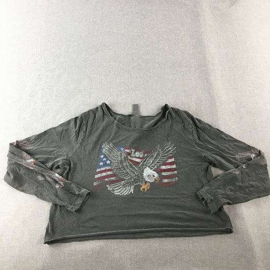 Lee Womens Top Size 10 Grey Eagle USA Flag Long Sleeve Pullover Shirt