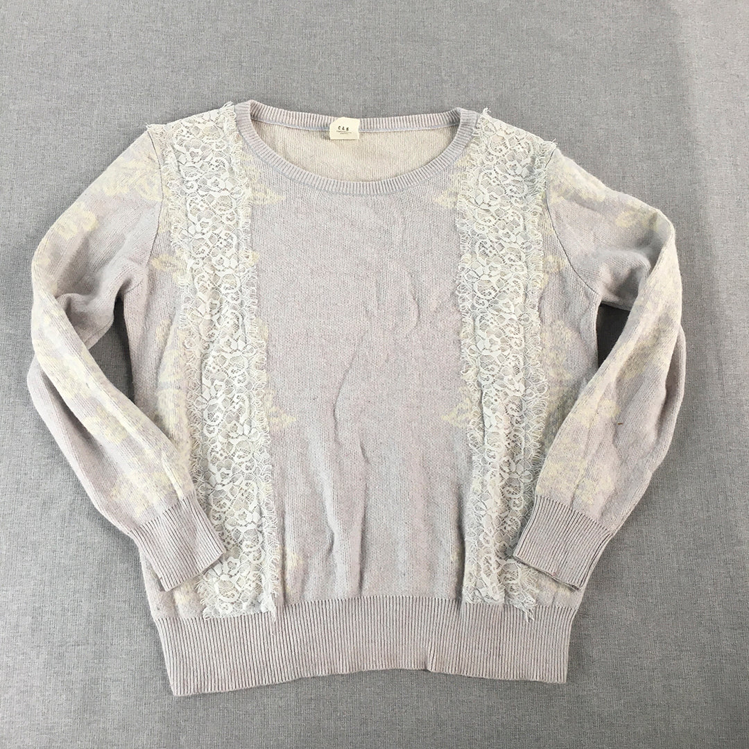 C&S Womens Knit Sweater Size M Grey  Floral Lace Round Neck Jumper Japan