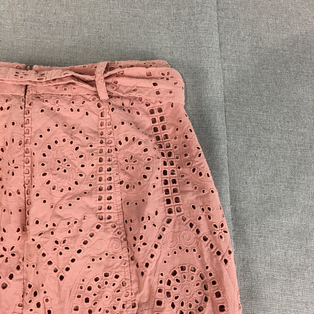 Portmans Womens Mini Skirt Size 12 Pink Embroidered Button Belted