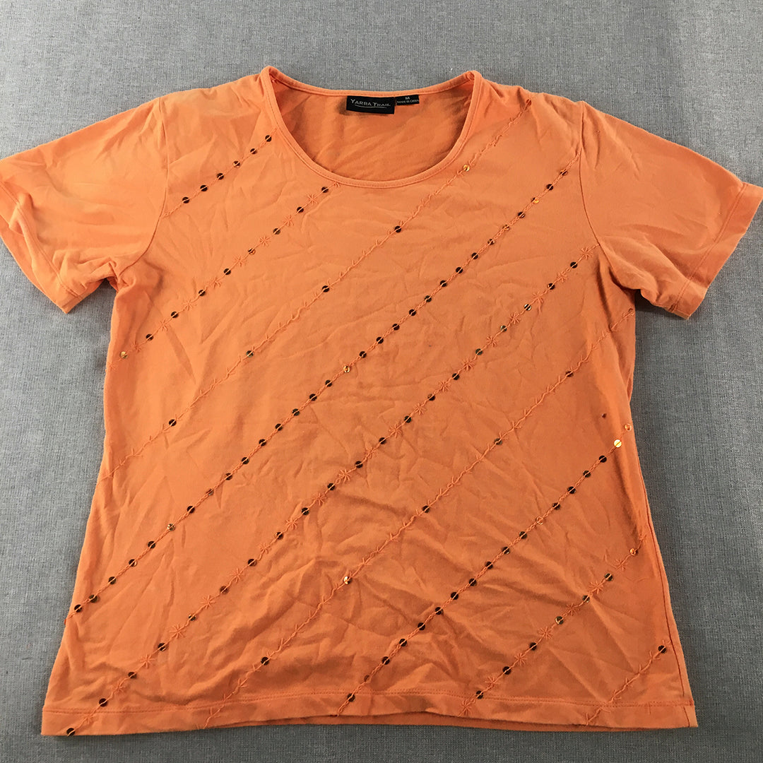 Yarra Trail Womens T-Shirt Size M Orange Short Sleeve Sequin Top