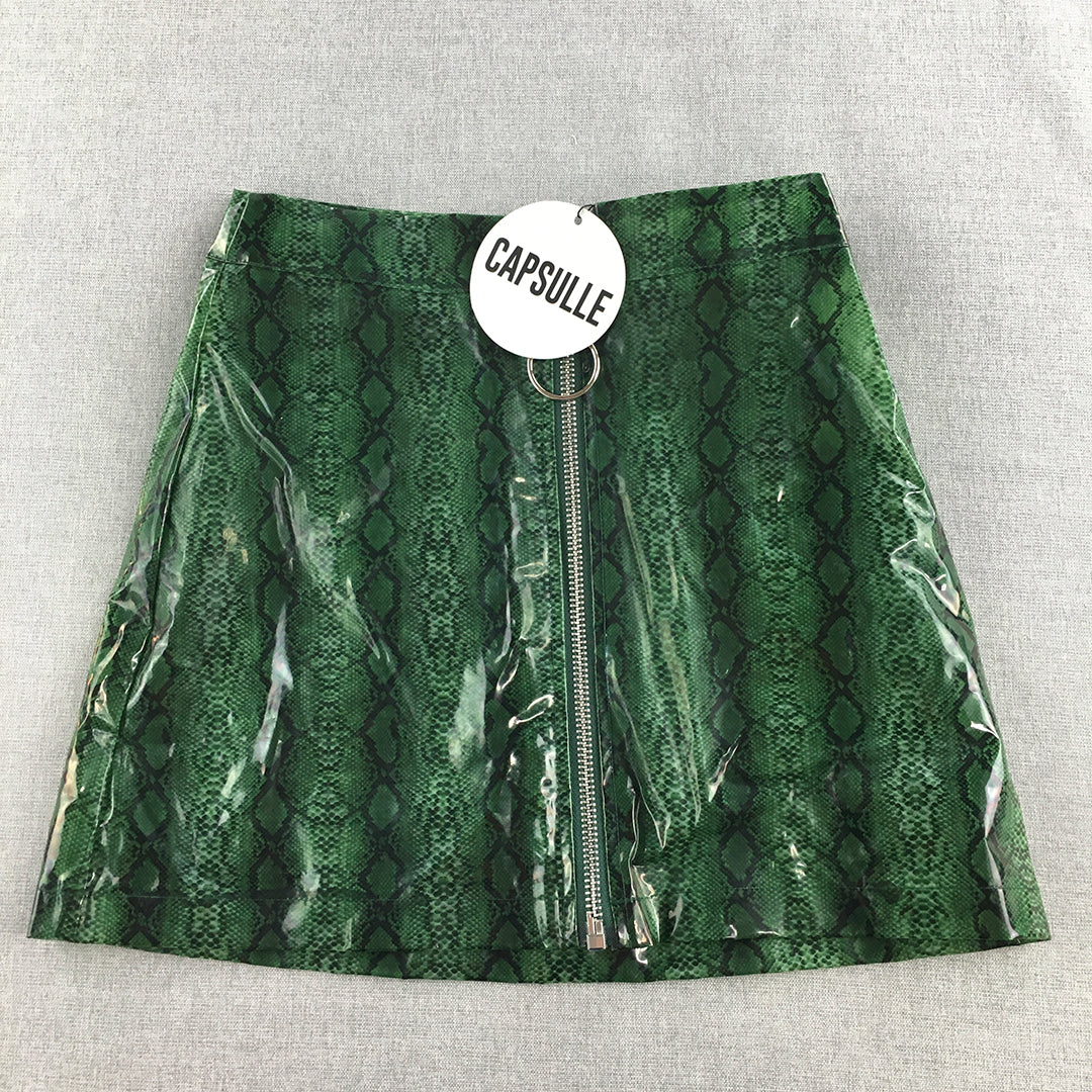 NEW Capsulle Womens Mini Skirt Size S Green Snakeskin Pattern Zip