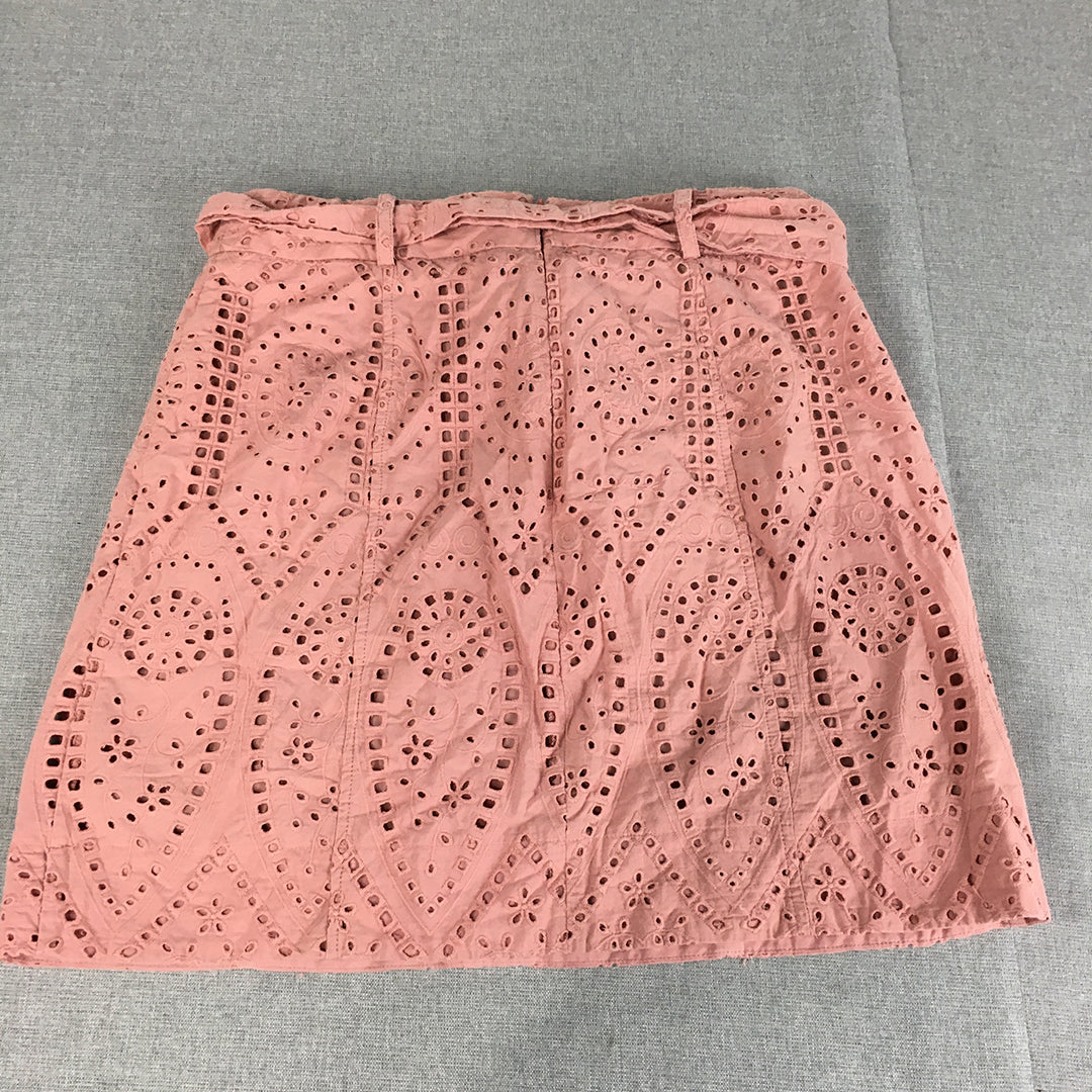 Portmans Womens Mini Skirt Size 12 Pink Embroidered Button Belted