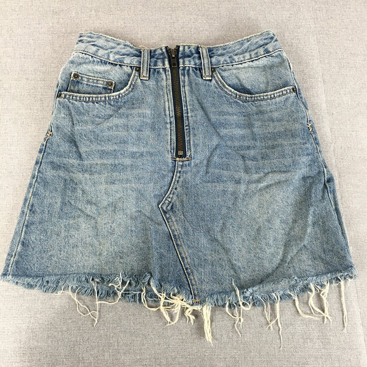 Ksubi Womens Denim Mini Skirt Size 26 Blue Raw Hem Zip Pockets Light $160 RRP