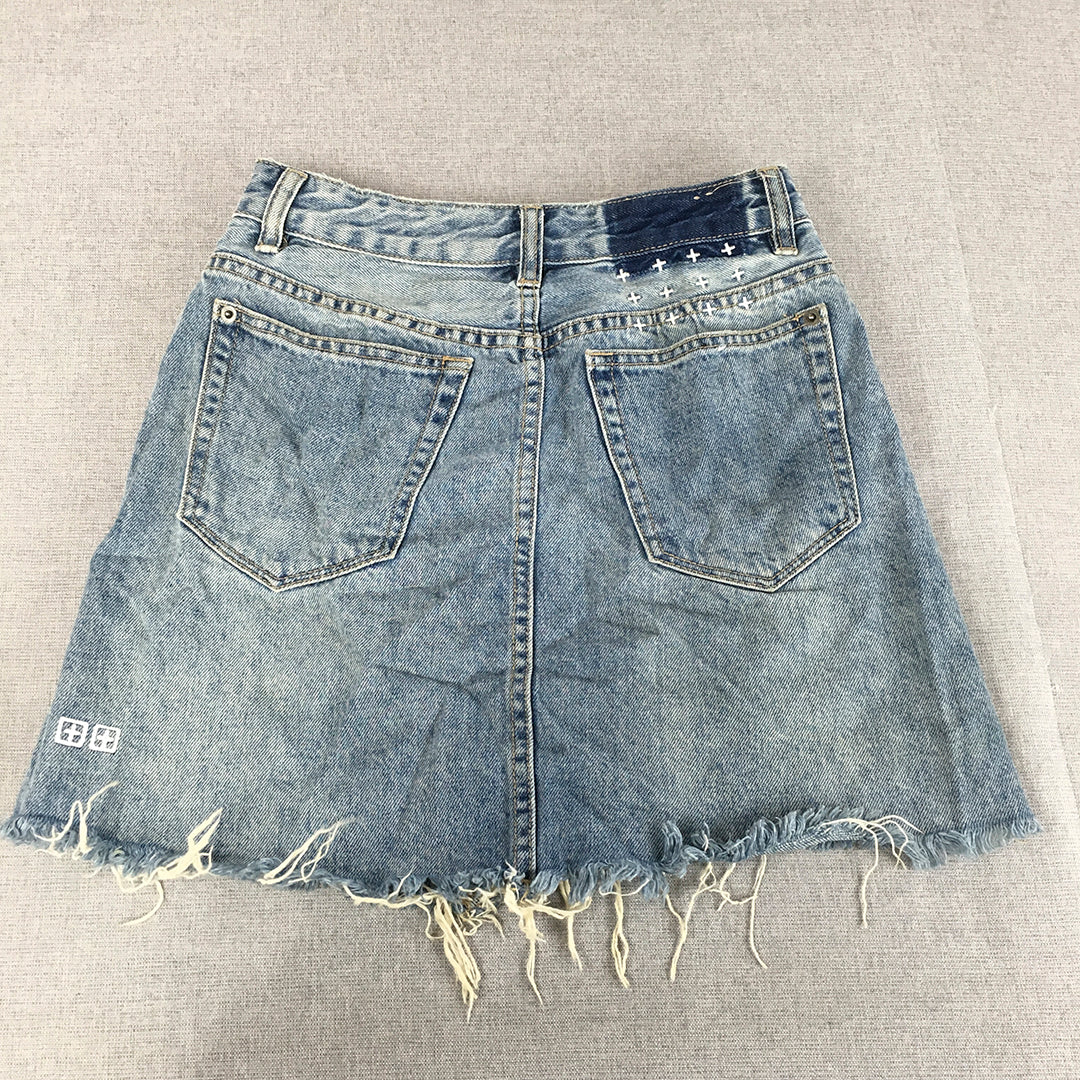 Ksubi Womens Denim Mini Skirt Size 26 Blue Raw Hem Zip Pockets Light $160 RRP