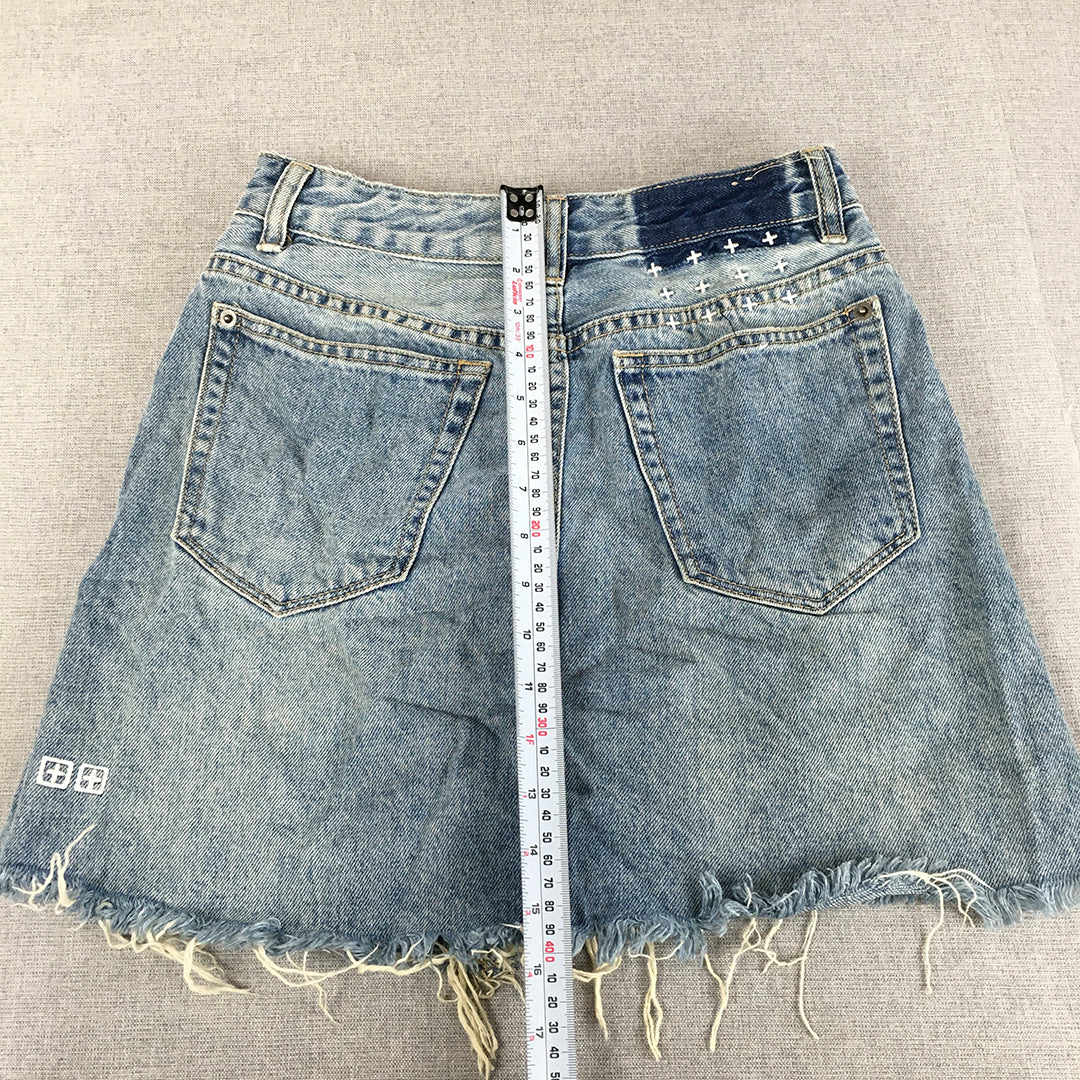 Ksubi Womens Denim Mini Skirt Size 26 Blue Raw Hem Zip Pockets Light $160 RRP