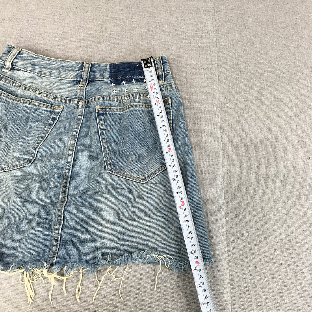 Ksubi Womens Denim Mini Skirt Size 26 Blue Raw Hem Zip Pockets Light $160 RRP