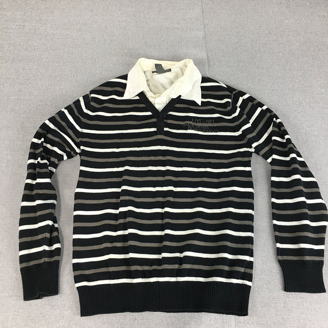 Octave Mens Shirt Size M Black Striped Rugby Collared Knit Polo