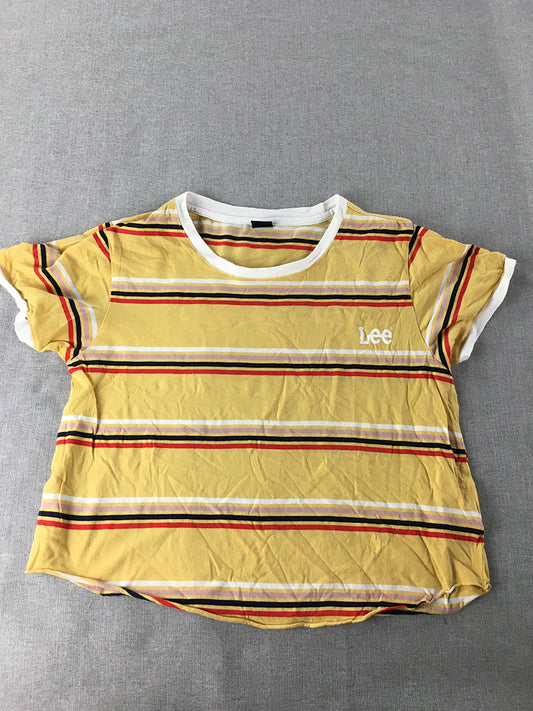 Lee Womens T-Shirt Size 12 Yellow Striped Logo Cropped Top